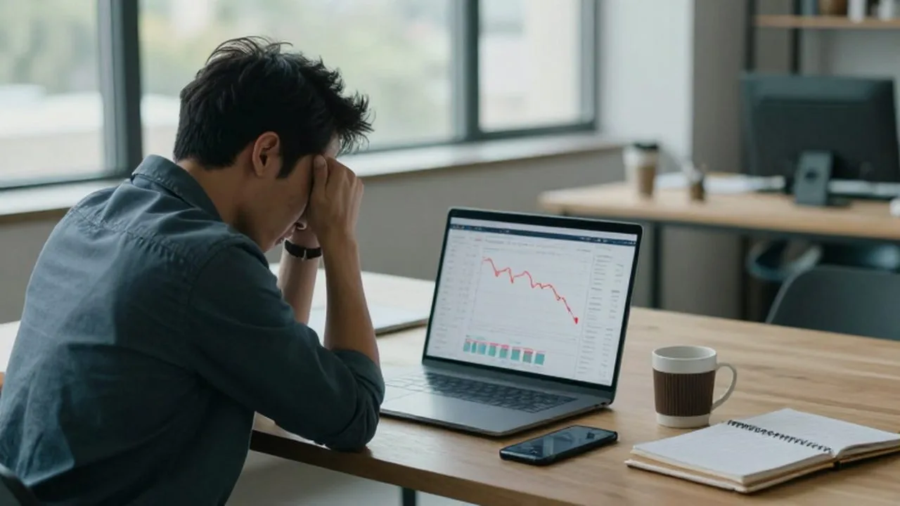 Dueño de un pequeño negocio frustrado frente a su laptop con gráficos de pérdidas financieras.