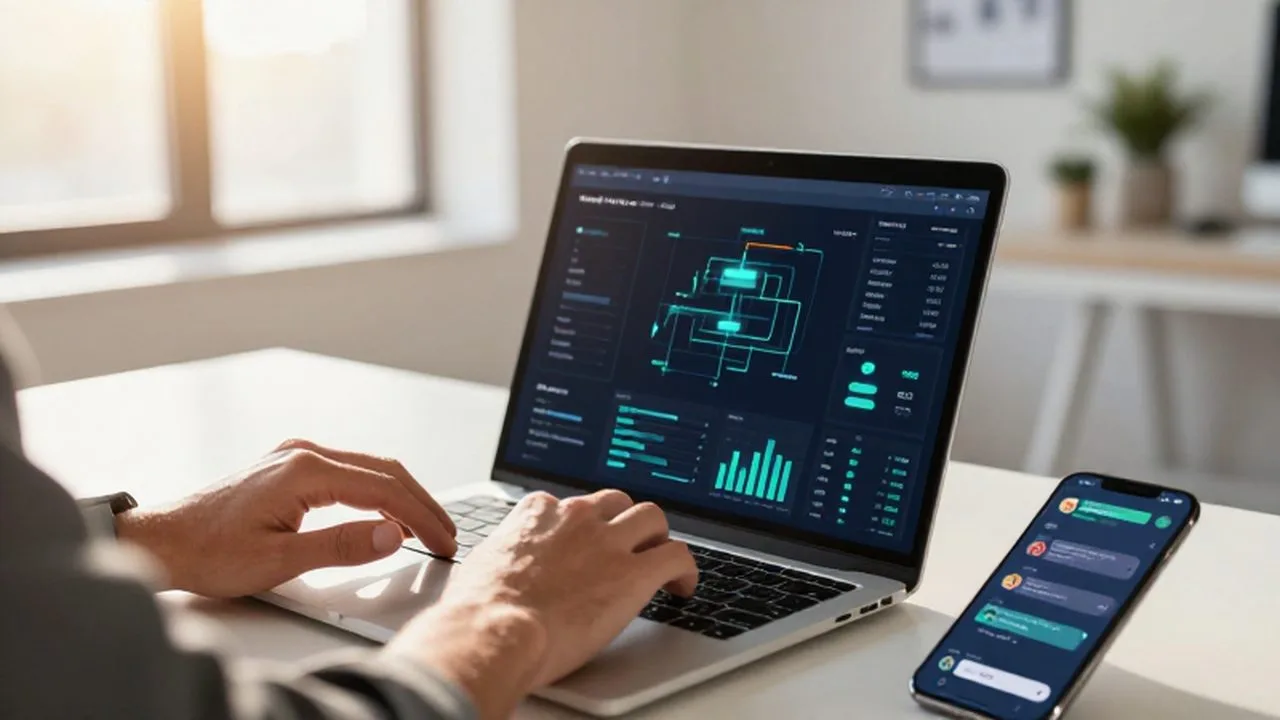 Emprendedor trabajando en un portátil con visualizaciones de datos en una oficina luminosa y moderna.