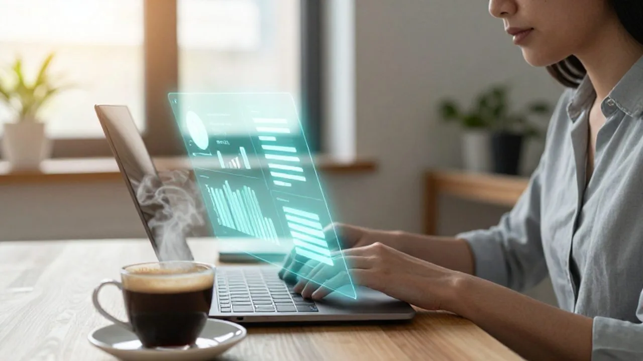 Dueño de negocio trabajando en su laptop en una oficina iluminada con hologramas de datos.