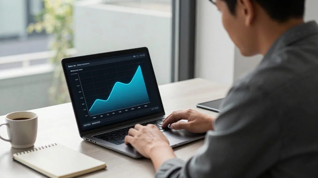 Emprendedor analizando un gráfico de Pareto en un ordenador portátil en un espacio de trabajo luminoso.