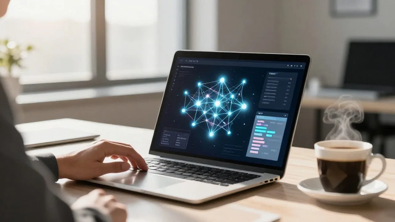 Laptop sobre un escritorio organizado mostrando diagramas de redes neuronales junto a una taza de café.