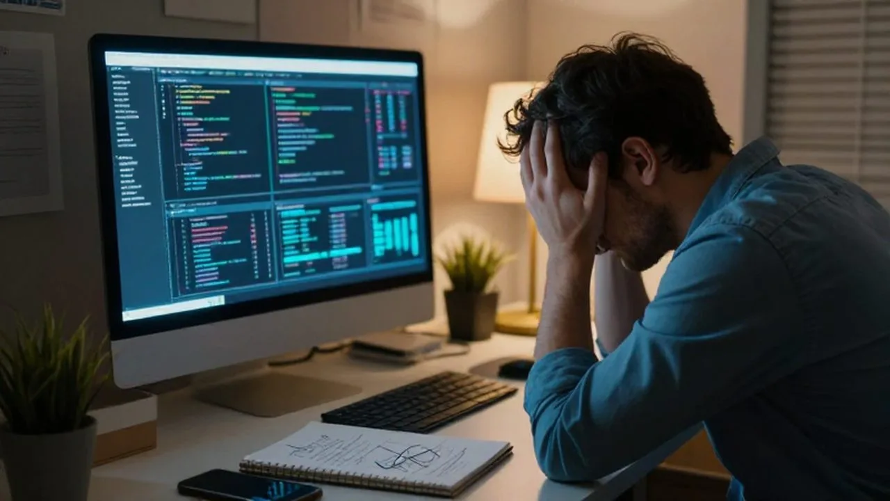 Dueño de un pequeño negocio abrumado frente a una pantalla con datos complejos en su oficina.