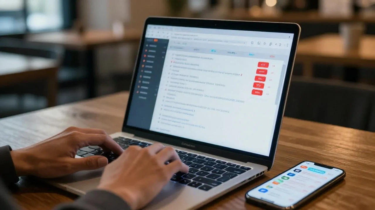 Manos de un emprendedor tecleando frente a una laptop con alertas de error en redes sociales.