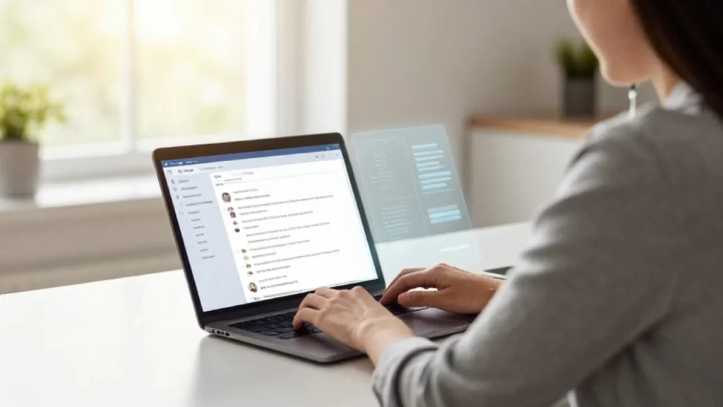 Emprendedor trabajando en un escritorio minimalista con una interfaz de atención al cliente en su portátil.