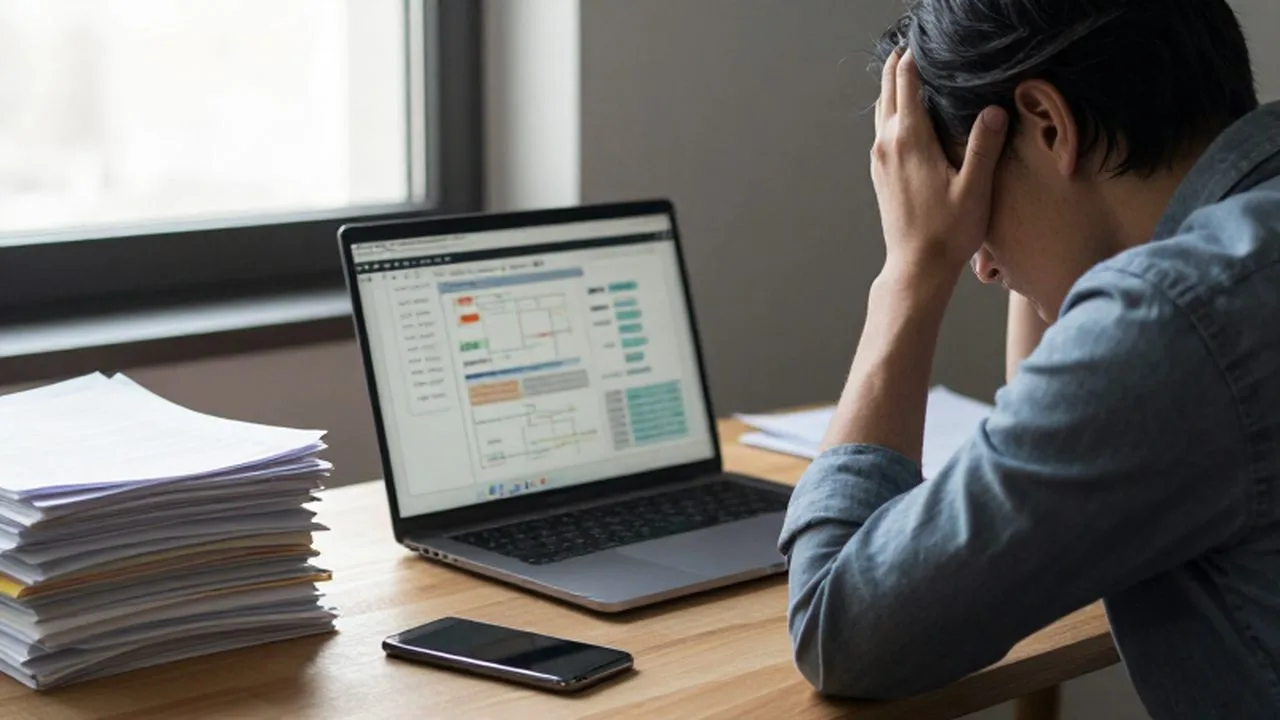 Dueño de un pequeño negocio frustrado frente a una laptop con diagramas de error y papeles desordenados.