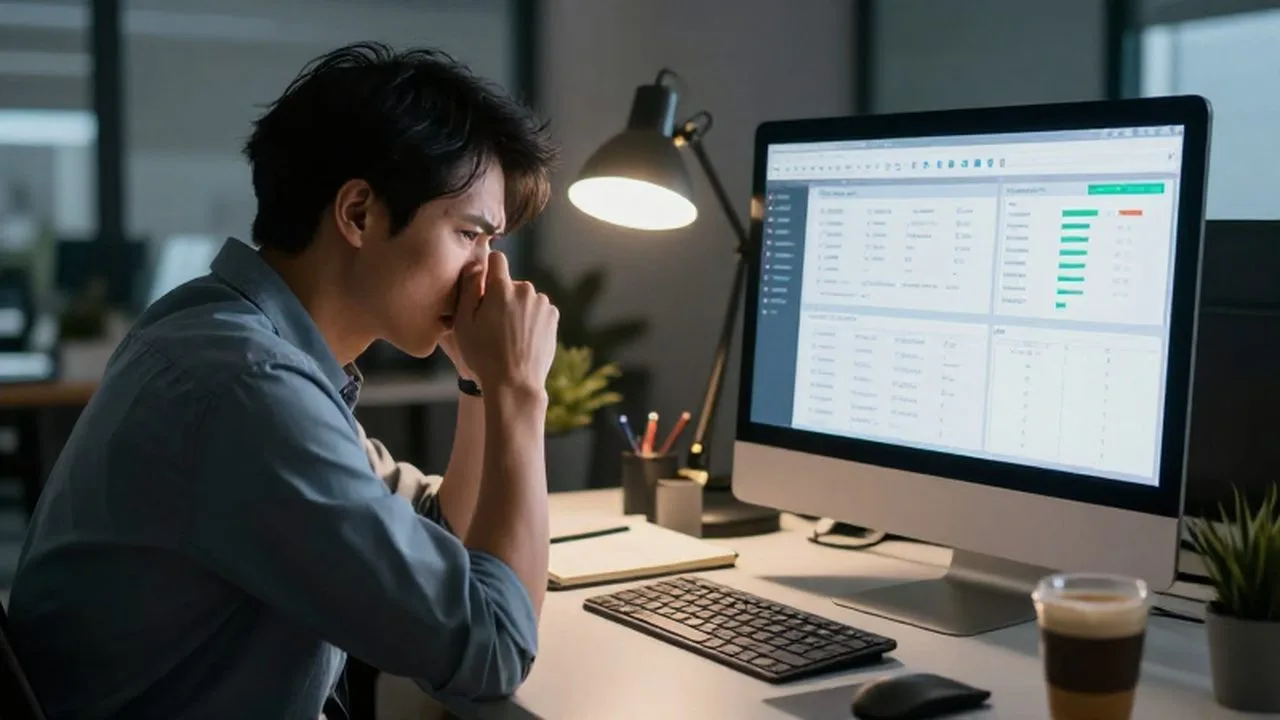Dueño de un pequeño negocio frustrado frente a un monitor con gráficos de datos desordenados.