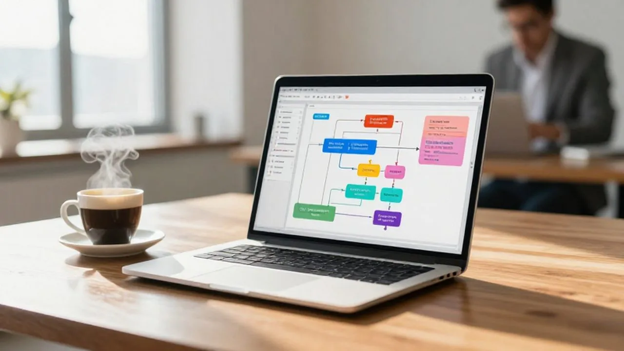 Laptop mostrando un diagrama de procesos de ventas sobre un escritorio con café y luz natural.