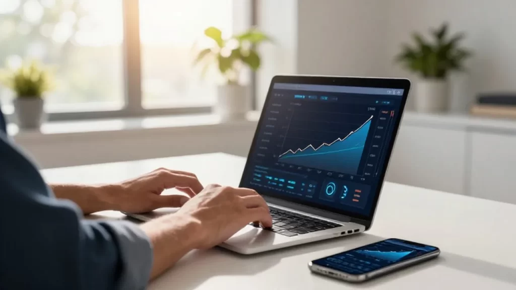 Emprendedor trabajando en su oficina minimalista con un smartphone que muestra gráficos de crecimiento de ventas.