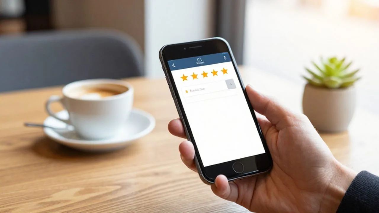 Mano sosteniendo un smartphone con una valoración de cinco estrellas sobre una mesa de café.