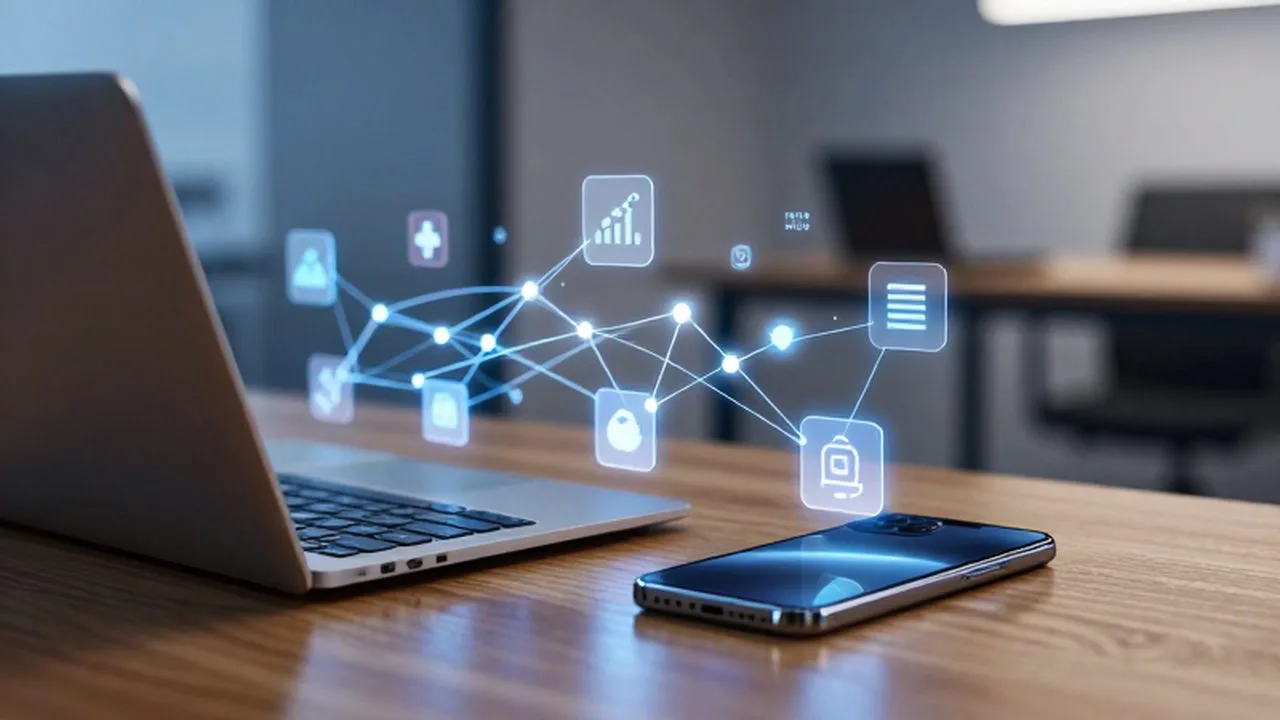 Laptop y smartphone interconectados por hologramas de datos y nodos digitales sobre un escritorio moderno.