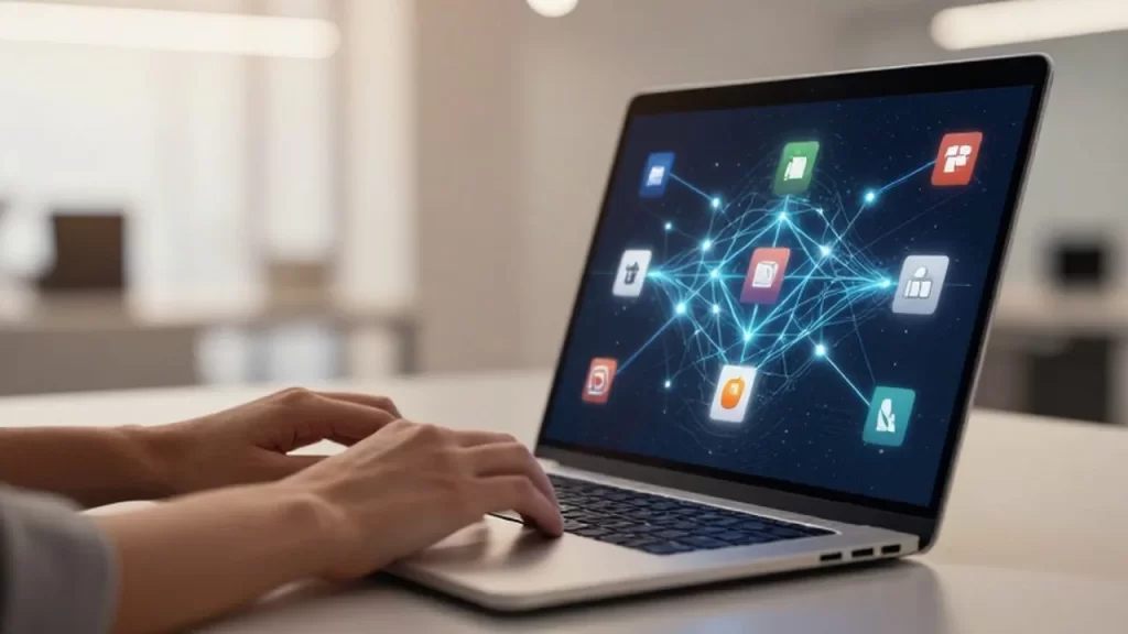 Manos tipeando en un teclado mecánico frente a una laptop con gráficos de conexiones digitales.