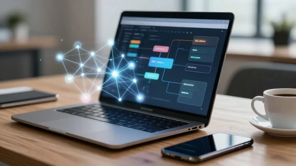 Laptop moderna con diagramas digitales luminosos y conexiones holográficas sobre un escritorio de madera.
