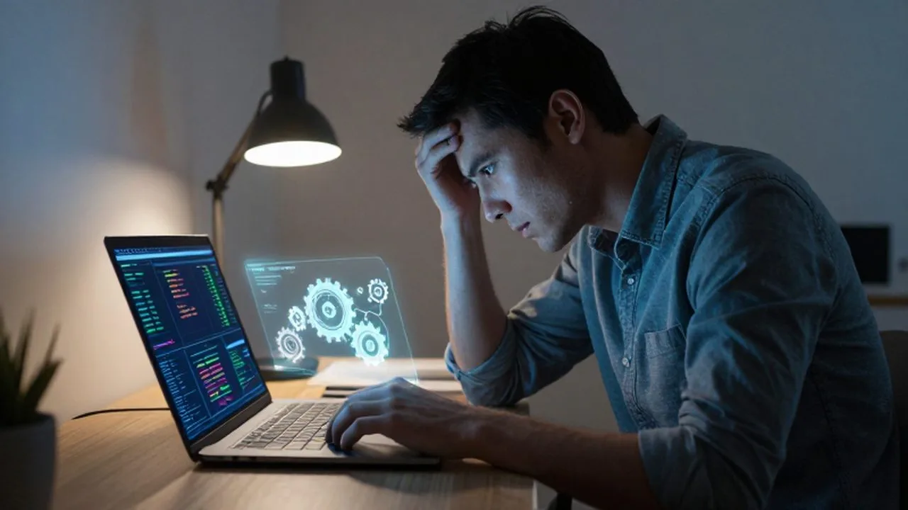 Dueño de una pequeña empresa estresado frente a una computadora con errores y gráficos digitales.