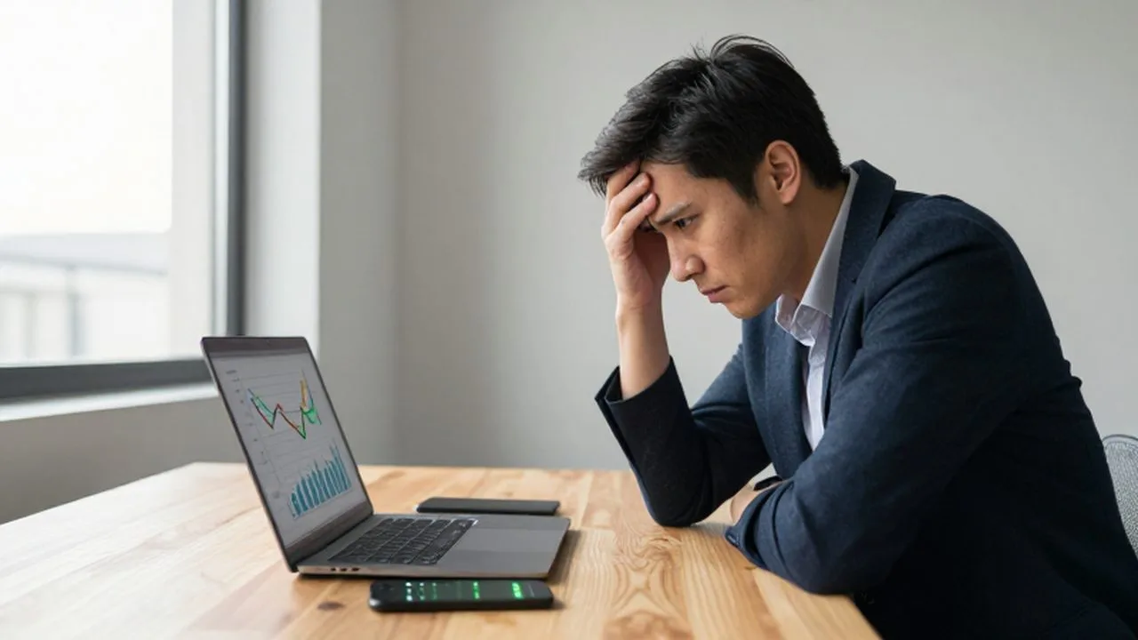 Dueño de una pequeña empresa con expresión de preocupación frente a una laptop con ventas en descenso.
