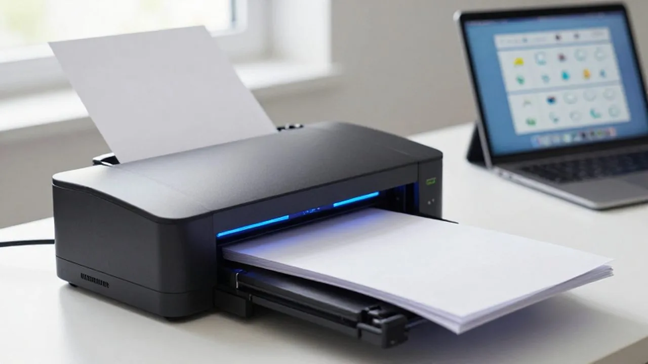 Escáner profesional digitalizando documentos sobre un escritorio moderno con un fondo de oficina minimalista.