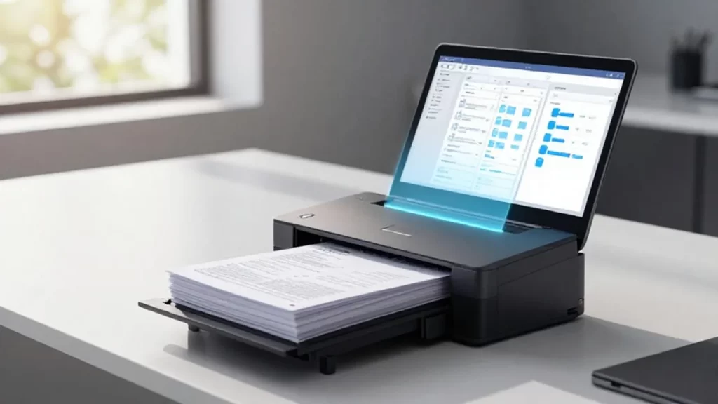 Escáner profesional digitalizando documentos sobre un escritorio organizado en una oficina moderna.