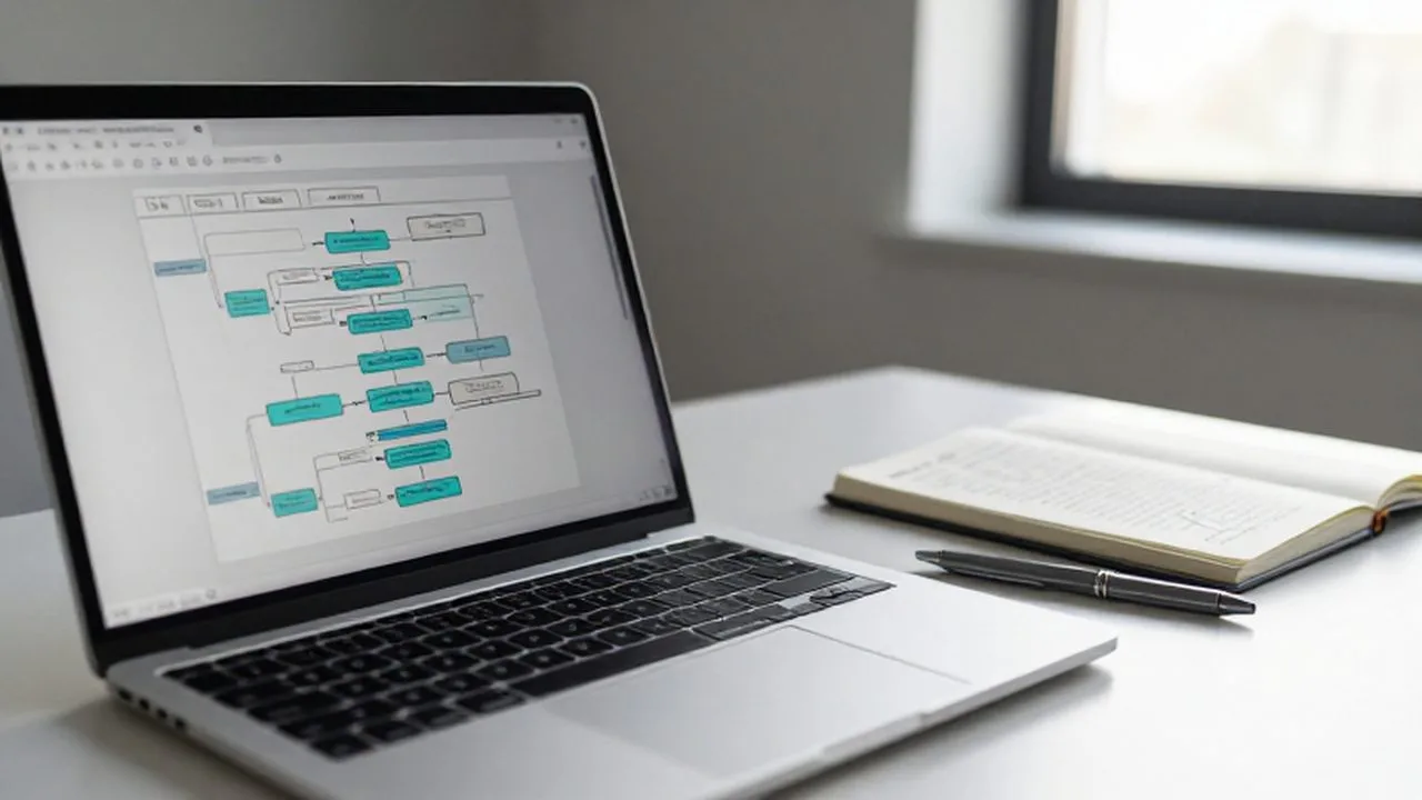 Laptop con un diagrama de flujo junto a un cuaderno con notas y un bolígrafo.