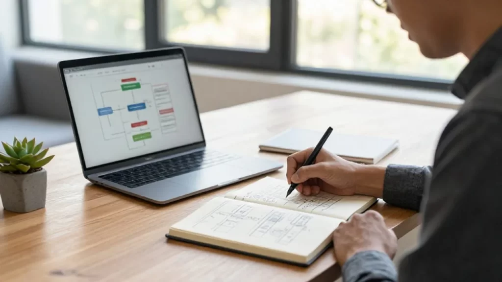 Emprendedor trabajando en un escritorio moderno dibujando diagramas de flujo en un cuaderno.