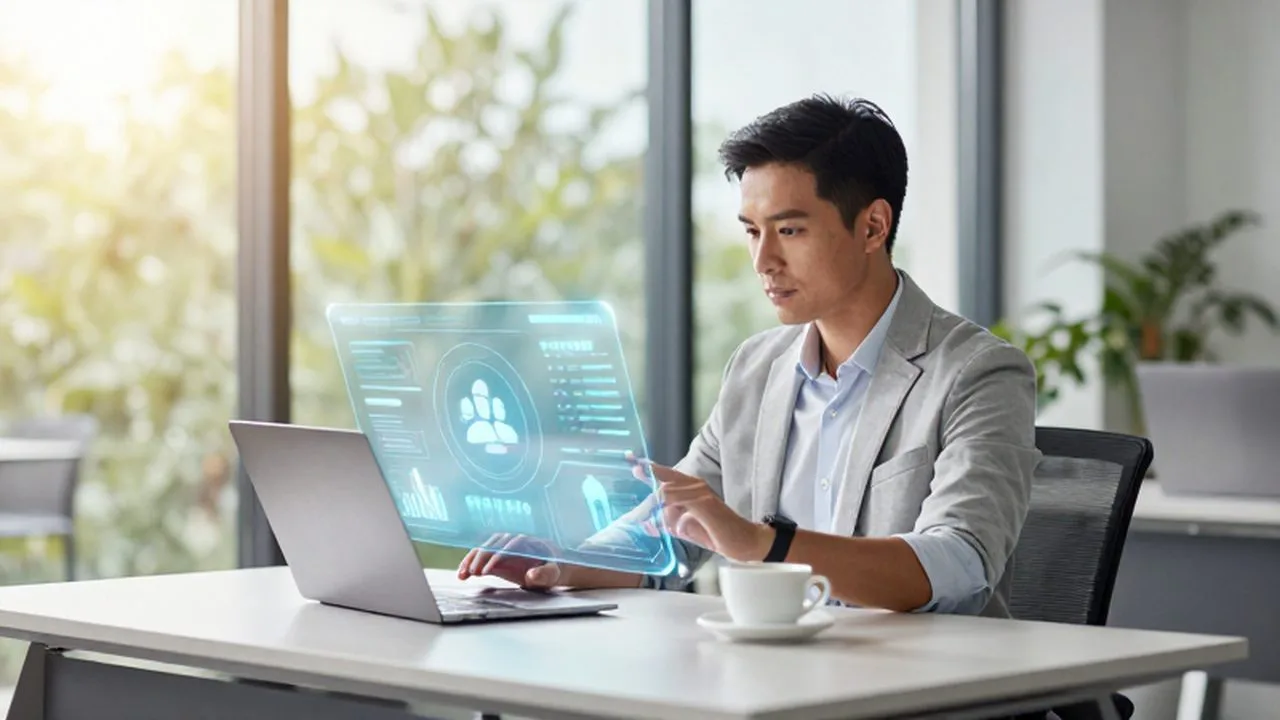 Emprendedor trabajando en una oficina luminosa mientras interactúa con una interfaz holográfica de datos.