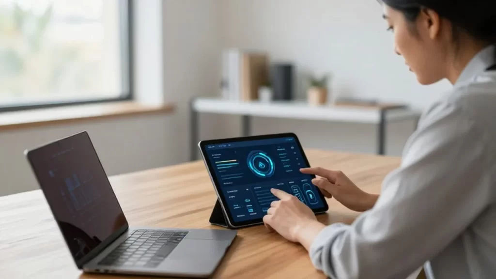 Emprendedor concentrado analizando datos de gestión en una tableta dentro de una oficina luminosa.