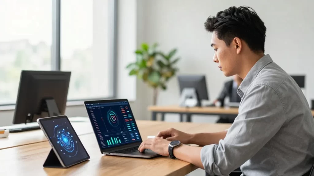 Emprendedor concentrado trabajando frente a un ordenador con gráficos de analítica y datos digitales.