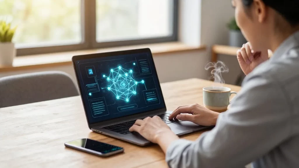 Dueño de un pequeño negocio analizando diagramas de flujo de datos en su portátil en una oficina luminosa.