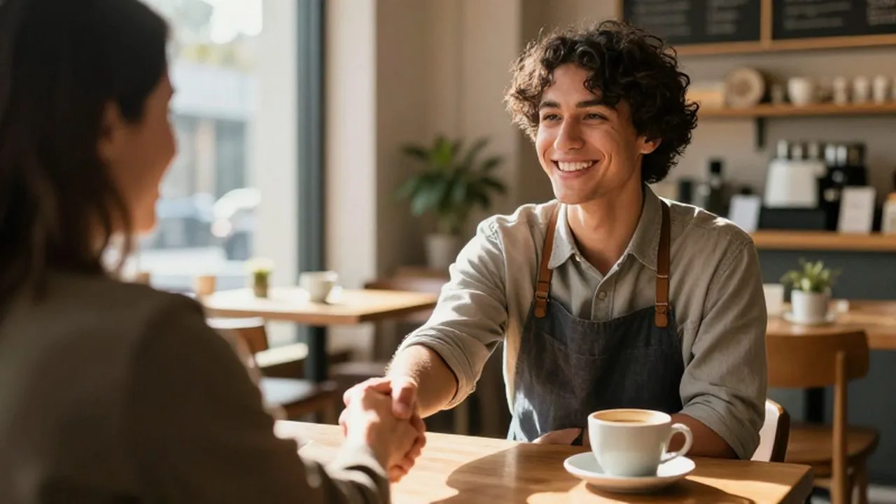 Dueño de un pequeño negocio sonriendo mientras saluda con un apretón de manos a un cliente en una cafetería luminosa.