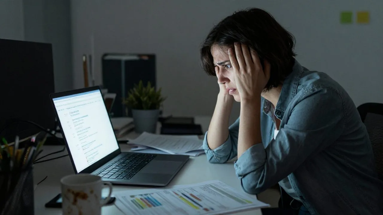 Dueño de un pequeño negocio estresado frente a una computadora con mensajes de error y papeles desordenados.