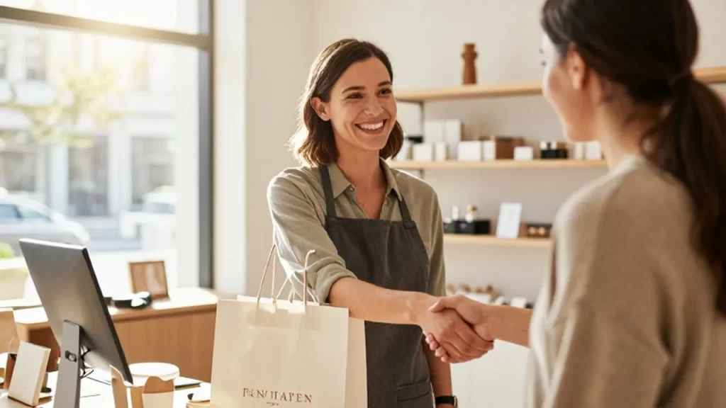Dueña de una boutique sonriente estrechando la mano de una cliente satisfecha en su tienda.