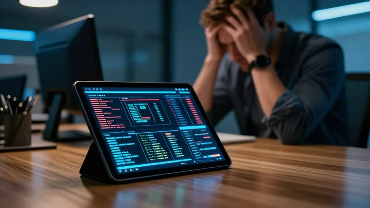 Tablet con datos y errores en primer plano frente a un emprendedor estresado.