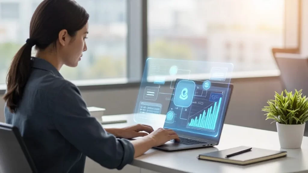 Emprendedor trabajando en un escritorio moderno con una interfaz holográfica de datos sobre su portátil.