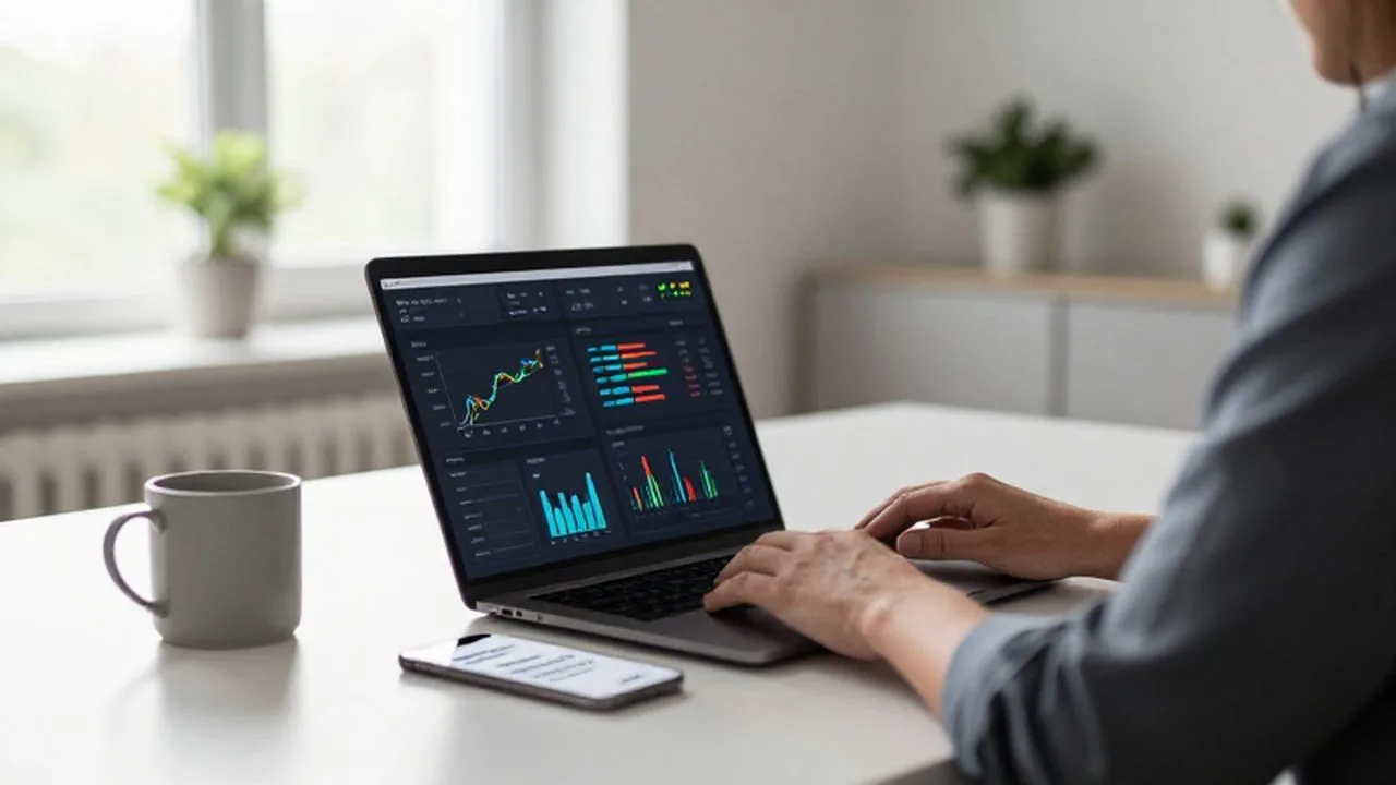 Emprendedor trabajando en un escritorio minimalista con un portátil que muestra gráficos de crecimiento.