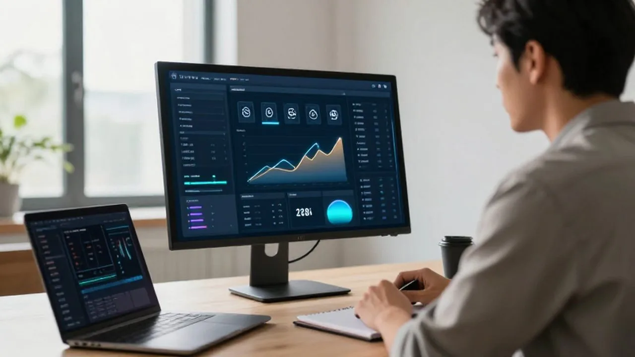 Emprendedor concentrado frente a un monitor que muestra gráficos de progreso y flujos de trabajo automatizados.