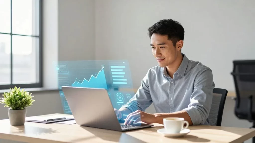 Emprendedor satisfecho trabajando en una oficina moderna con un panel digital de crecimiento sobre su portátil.