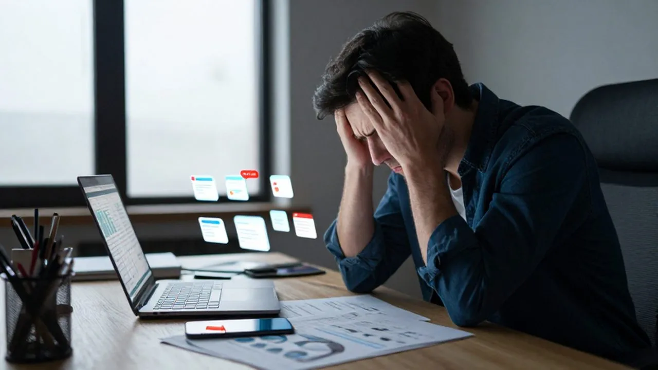 Dueño de un pequeño negocio con expresión de frustración frente a múltiples dispositivos y notificaciones digitales.