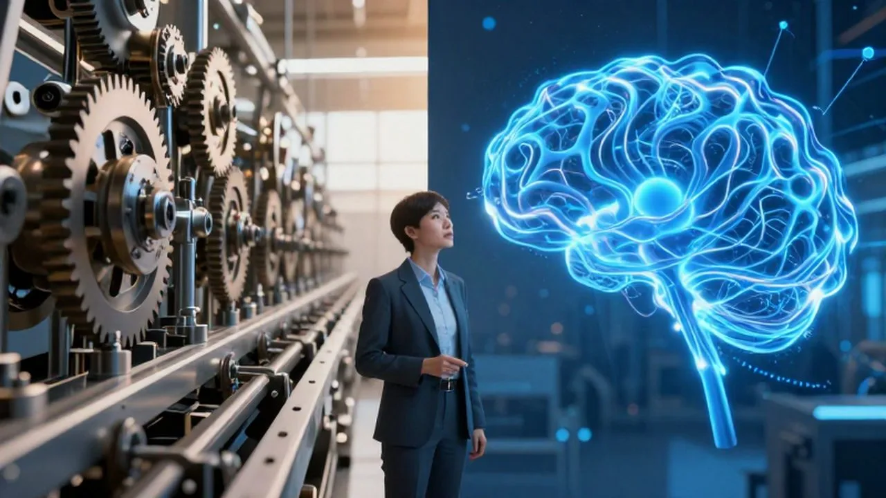 Emprendedor observa la transición entre una línea de montaje mecánica y una red neuronal digital luminosa.