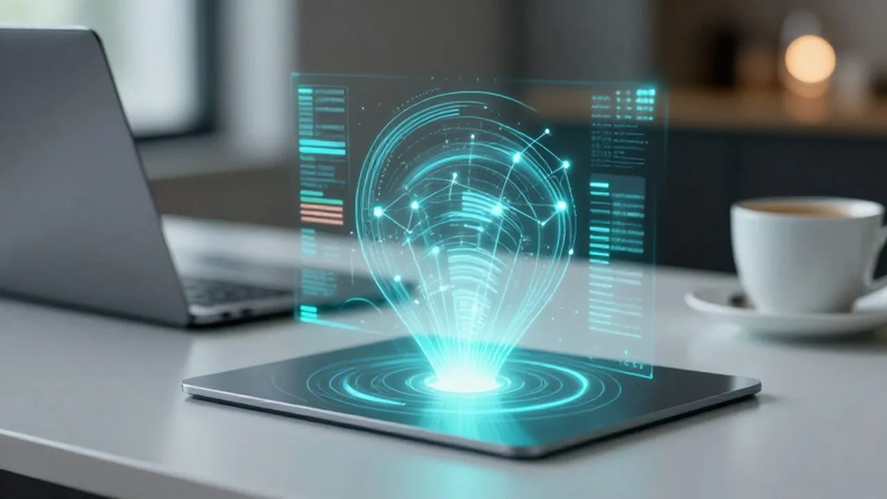 Interfaz holográfica con flujos de datos brillantes sobre un escritorio con un portátil y café.