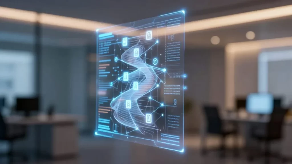 Interfaz digital luminosa con flujos de datos y pequeños iconos de productos tecnológicos.