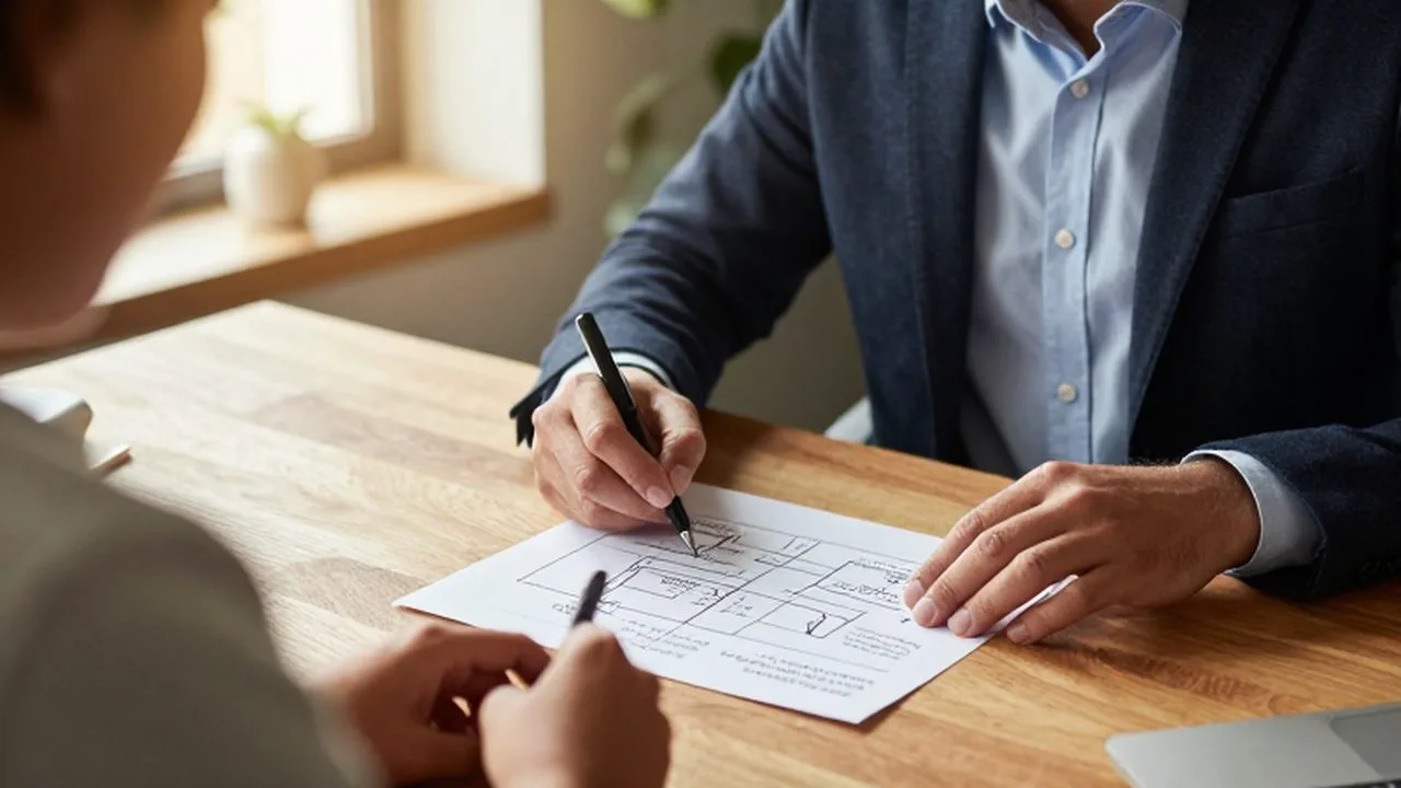 Consultor y emprendedor analizan un mapa de trayectoria del cliente sobre una mesa de madera.