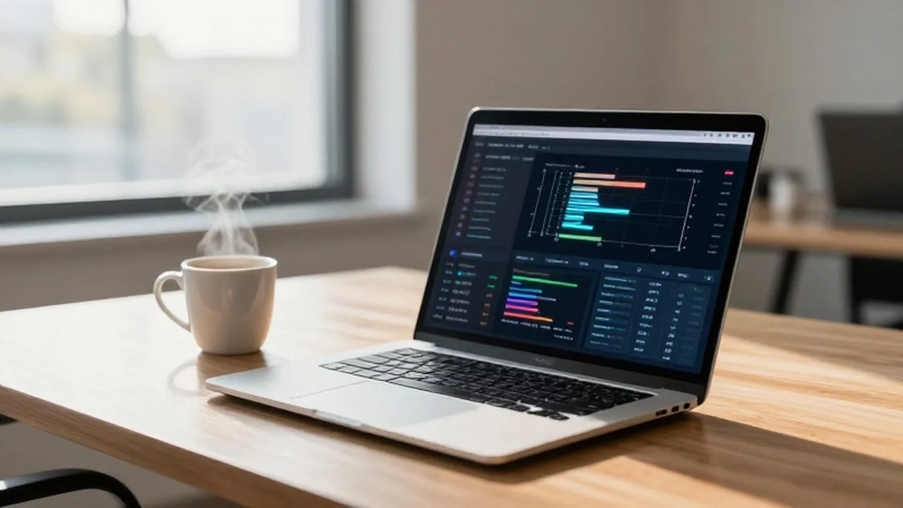 Laptop con diagramas de flujo de datos sobre un escritorio de madera junto a un café.