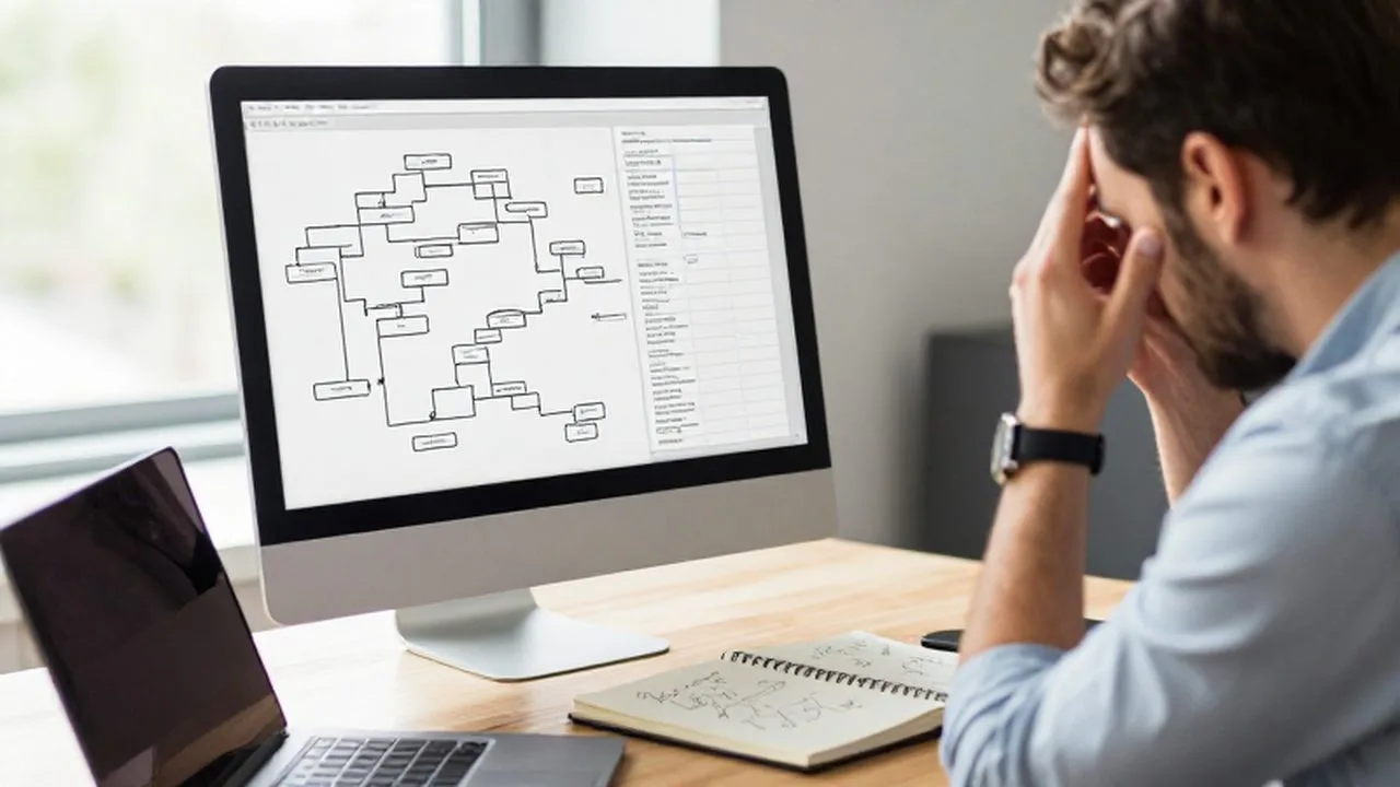 Dueño de negocio frustrado analizando diagramas de procesos complejos en el monitor de su oficina.