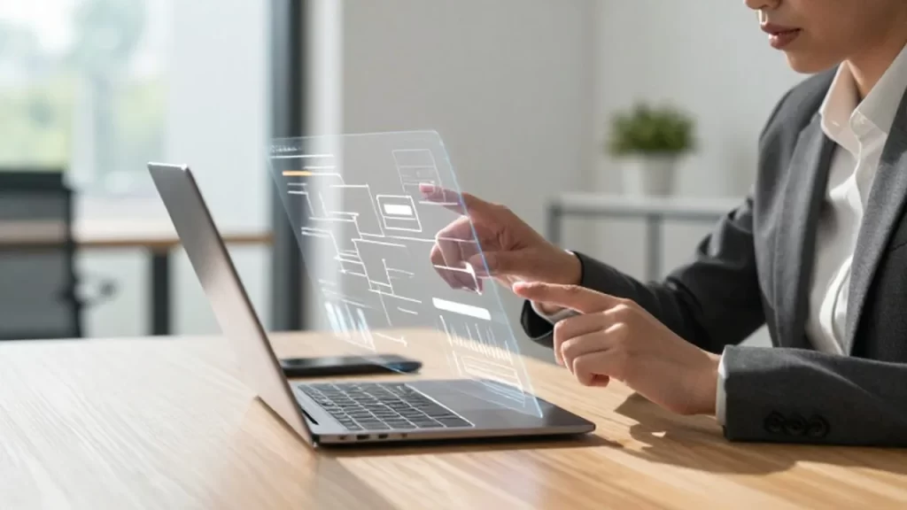 Emprendedor trabajando en una oficina luminosa con una interfaz holográfica de datos sobre su escritorio.