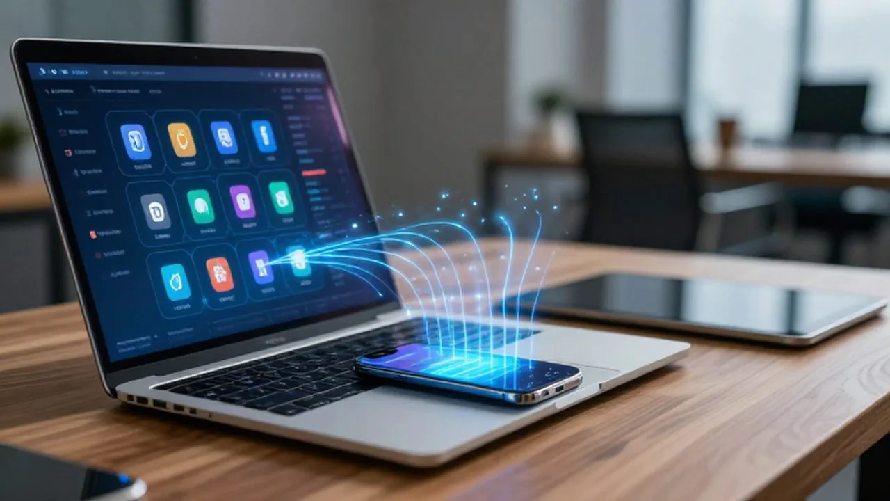 Laptop sobre un escritorio de madera conectada mediante hologramas azules a un móvil y una tablet.