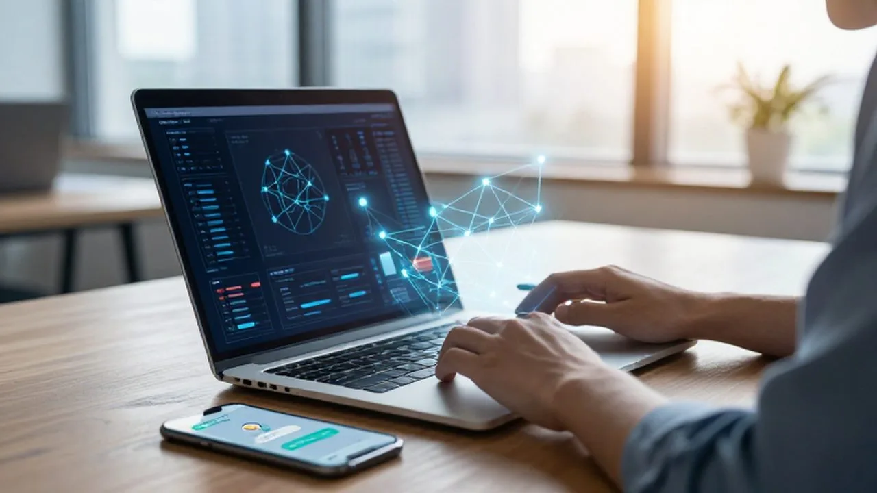 Emprendedor trabajando en un escritorio moderno con un portátil que muestra diagramas de datos y tecnología holográfica.
