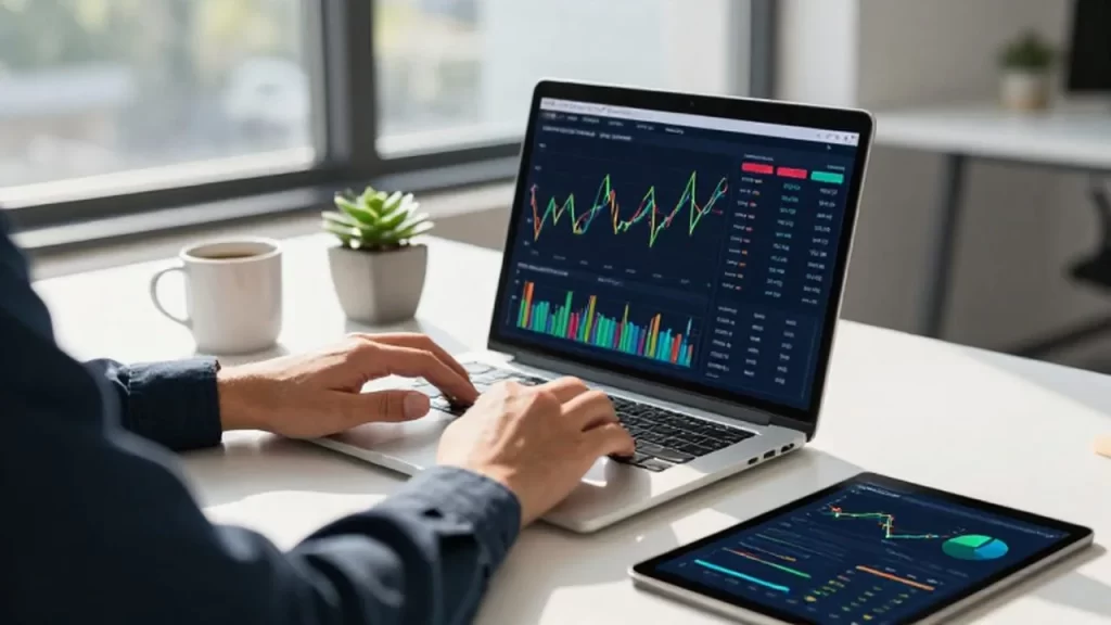 Manos de un emprendedor trabajando con gráficos financieros en un portátil y una tableta.