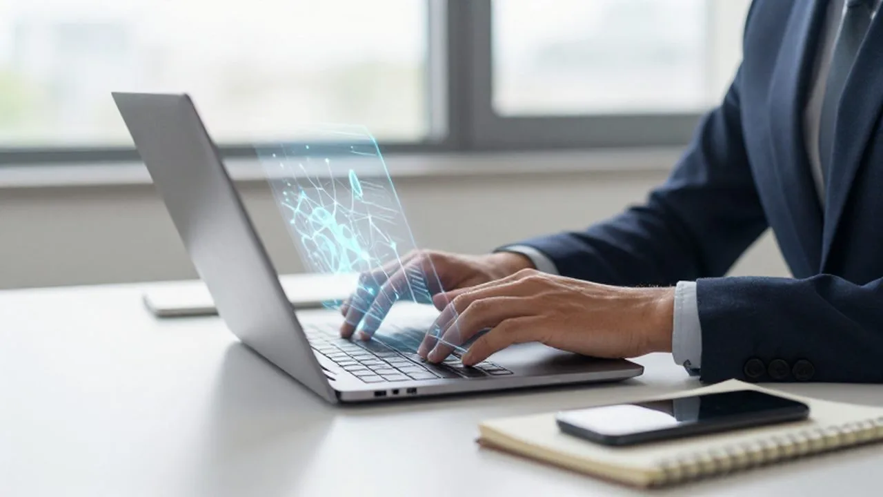 Emprendedor trabajando en un escritorio minimalista con datos holográficos emergiendo de su computadora.