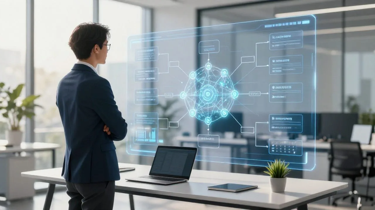 Empresario observando un panel digital con diagramas de procesos automatizados en una oficina moderna.