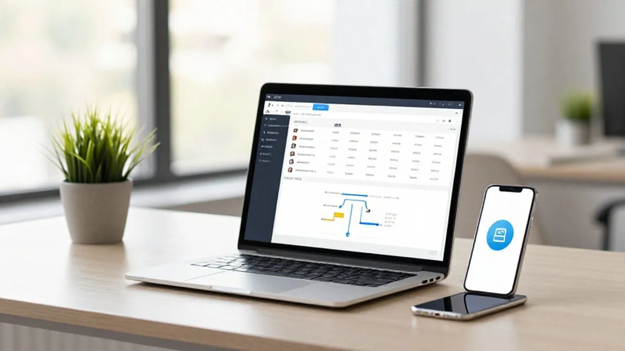 Laptop de alta gama con un tablero de gestión de clientes y un smartphone sobre un escritorio minimalista.
