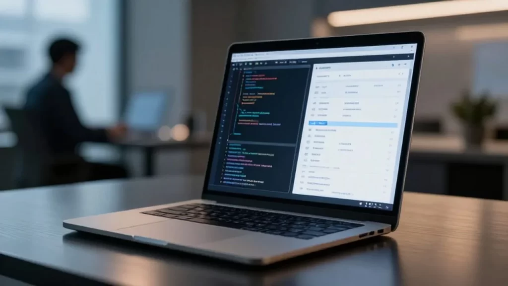 Laptop en un escritorio metálico mostrando líneas de código integrándose en un panel de gestión de clientes.
