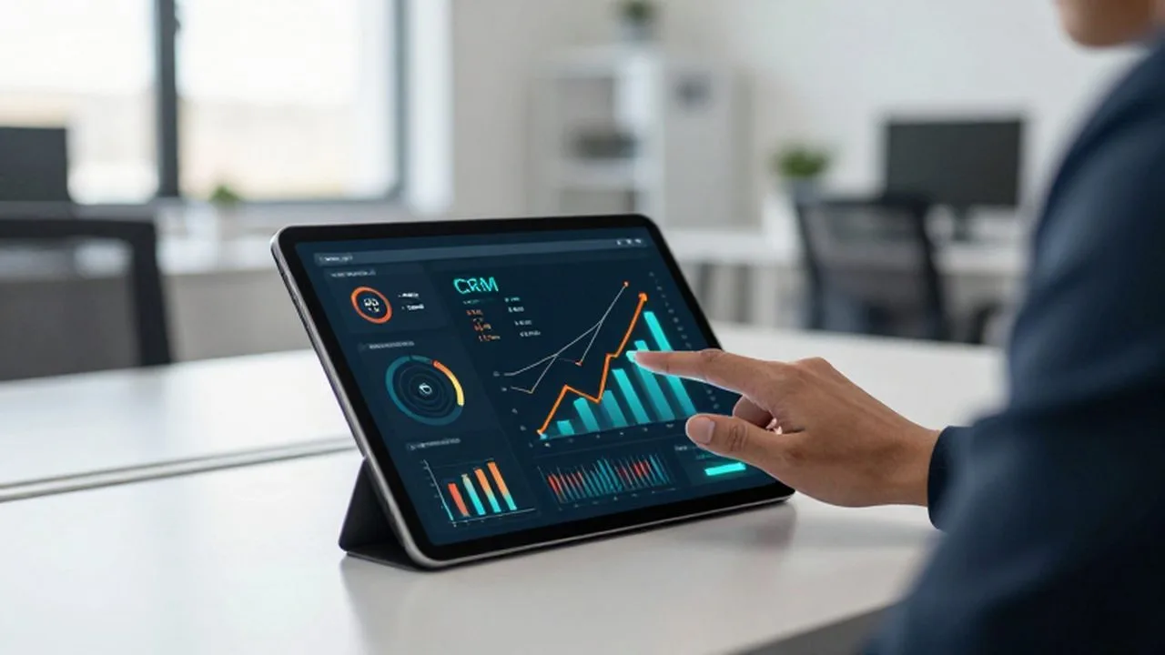 Mano de un profesional interactuando con un panel de datos y gráficos en una tableta digital.